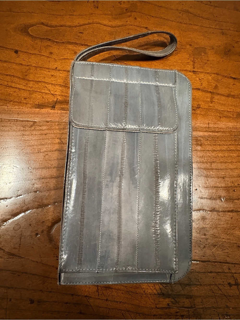 Vintage Genuine Eel Skin Travel Wallet Organizer Grey Zip Around Wristlet Clutch
